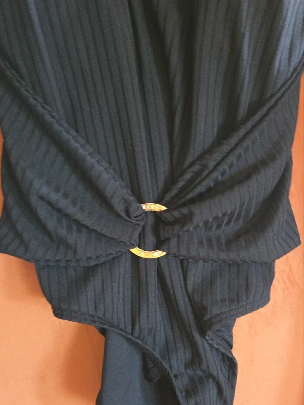 Michael Kors Black Ribbed One-Piece Bodysuit with Gold-Tone Rings